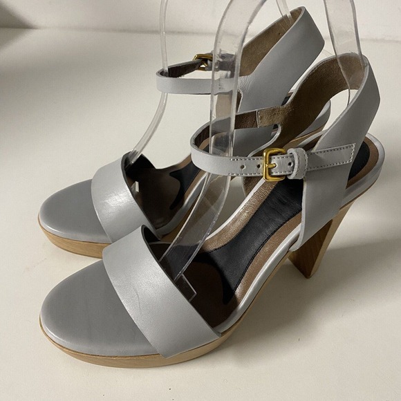 MARNI Sandal Leather Open Toe Platform Ankle Strap Wood Heel Grayish Blu… - Picture 5 of 10
